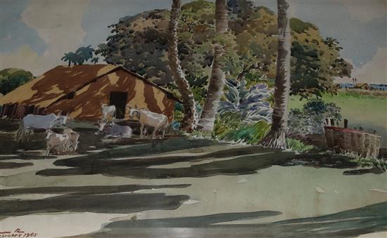 A. D. Thyagaraj , watercolour,  fisherwomen bringing in the catch and two other 20C Indian watercolours (3, one framed)